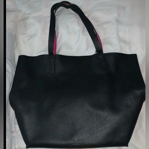 Kate Spade large tote, black leather with bright pink interior.